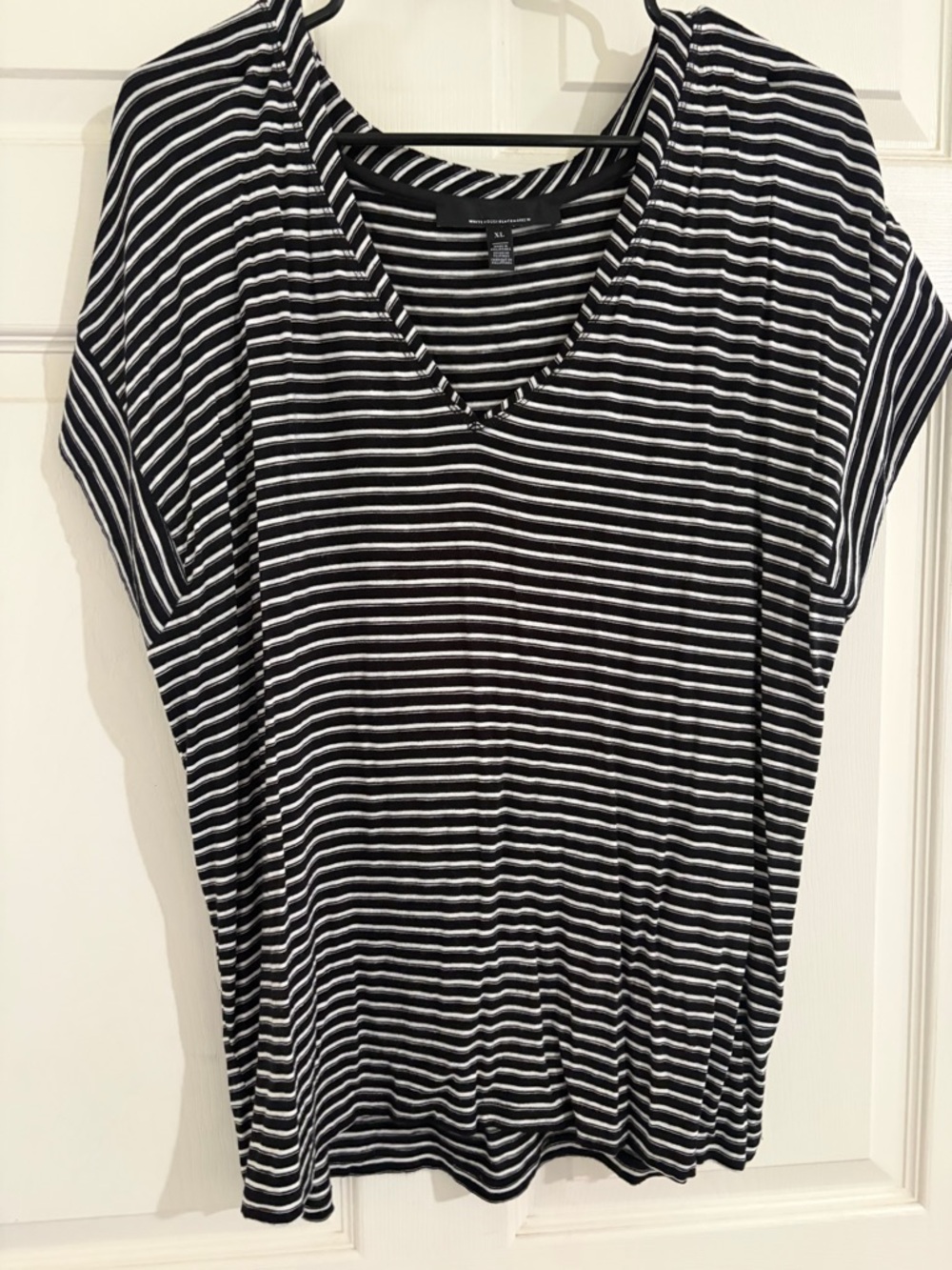 White House Black Market XL Black White Striped V-Neck Top